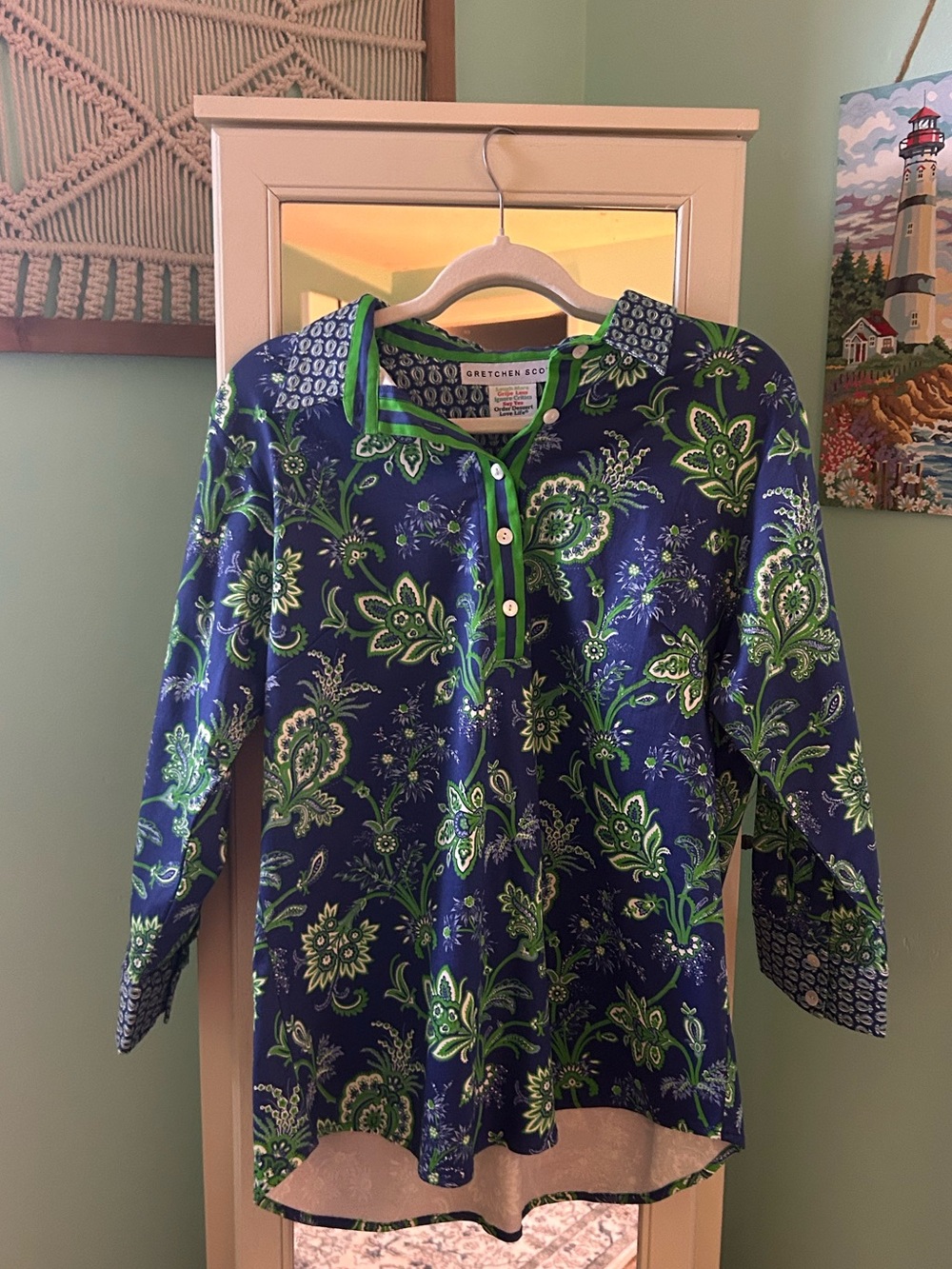 Gretchen Scott Vintage Vines Navy Boyfriend Shirt / Tunic, Size Goddess